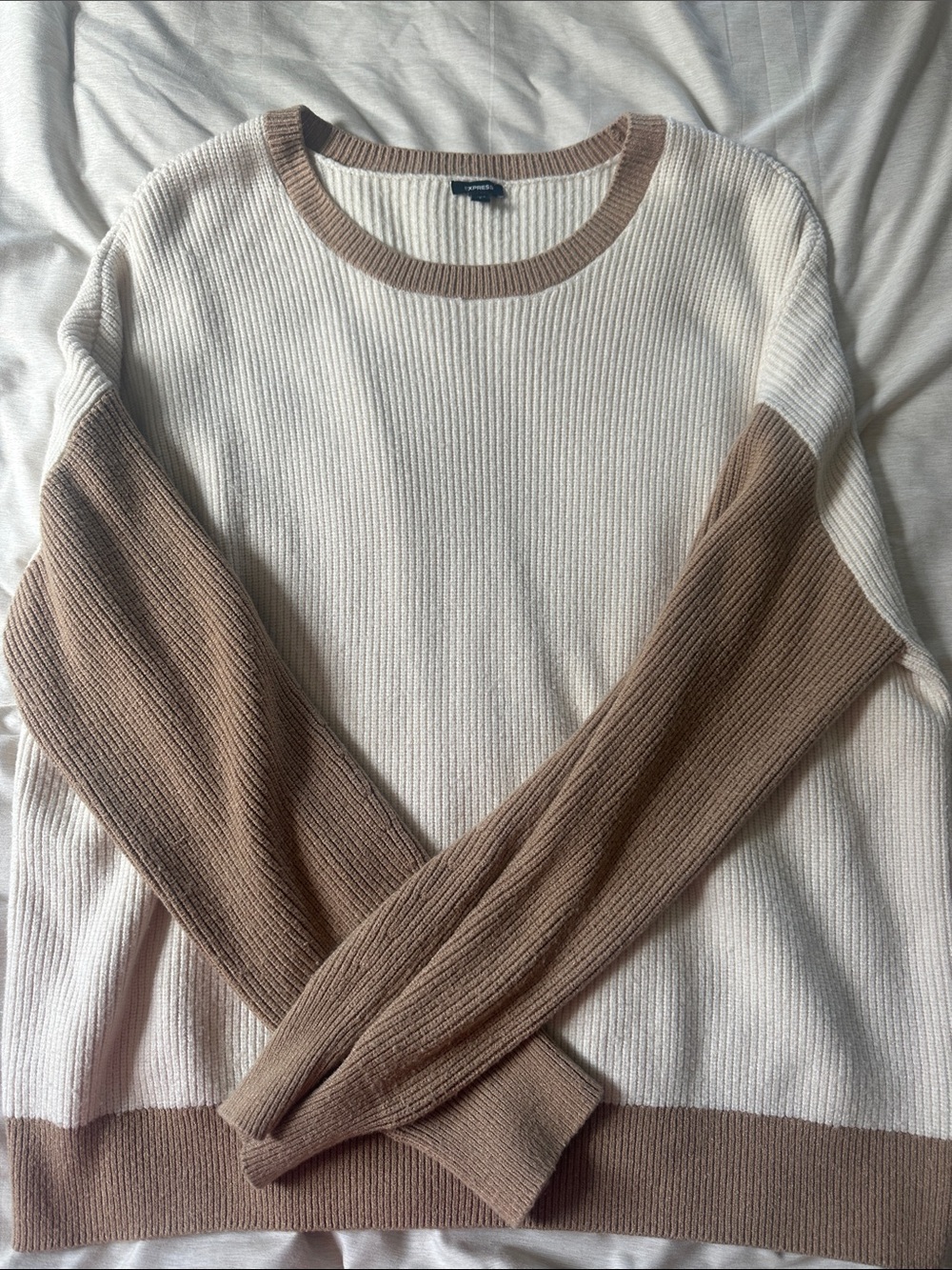 Express Cream and Tan Colorblock Ribbed Crewneck Sweater